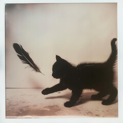 Obraz premium Polaroid of a black cat playing with a feather