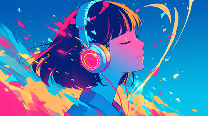 Cool Anime girl listening  lofi music with headphones background . generative ai