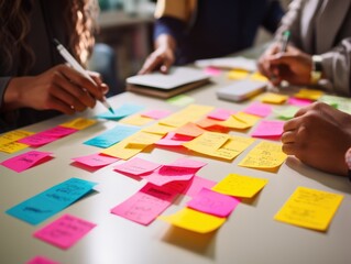 Diverse team collaboratively brainstorming with colorful sticky notes on a bright table in a creative office environment.
 - Powered by Adobe