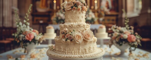 Fototapeta premium A grand, historic church sets the stage for a traditional, white fondant cake adorned with classic pearl decorations and a luxurious textured finish.