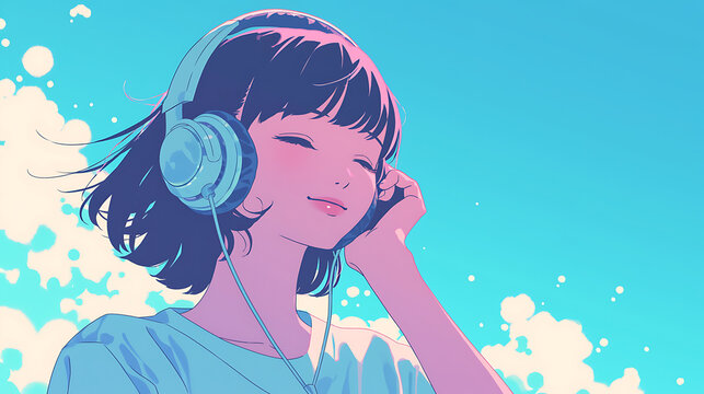 Cool Anime girl listening  lofi music with headphones background . generative ai
