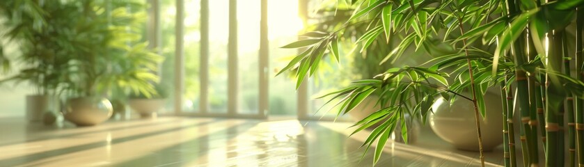 Bamboo, Green, Zen garden, modern office, sunny, 3D render, Rim lighting, Lens Flare