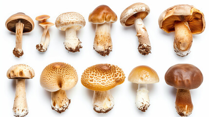 Top view of a diverse set of fresh mushrooms isolated on a white background, showcasing a variety of species from button to shiitake, capturing their unique shapes and subtle textures.