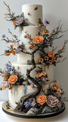 An enchanted wedding cake adorned with mythical creatures, intricate edible decorations, and hand painted flowers.