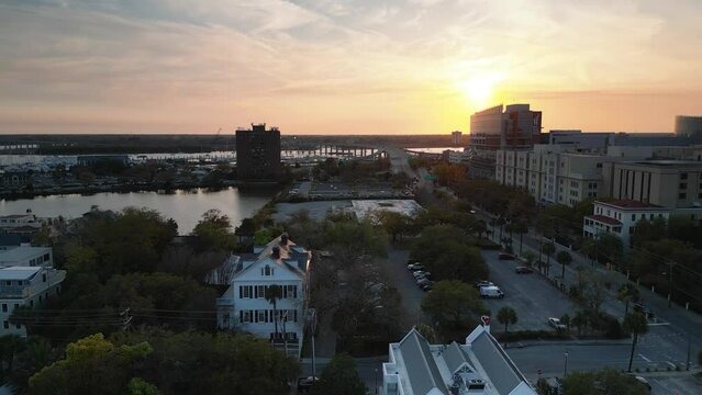 A drone shot showing 17a in downtown charleston along with the historic Thomas bennet house.