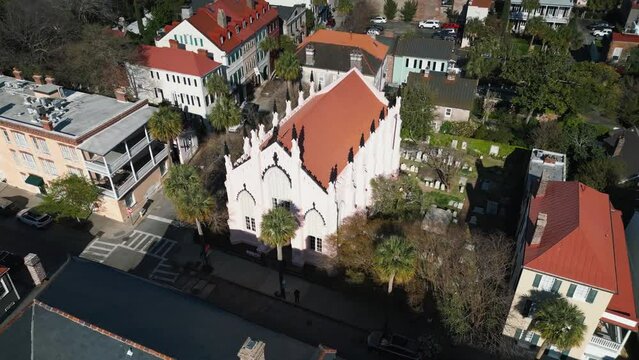 A drone shot of the french huguenot church in downtown charleston south carolina.