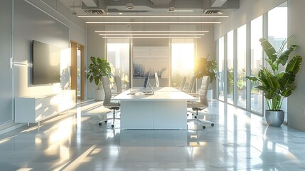 A modern and cozy office room with light interior design for a virtual meeting background. Generative AI. - obrazy, fototapety, plakaty