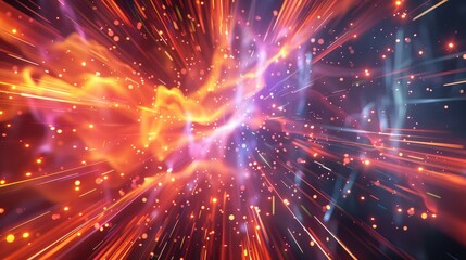 Fototapeta premium A dynamic abstract space with 3D geometric forms, neon lines and floating elements. Generative AI.