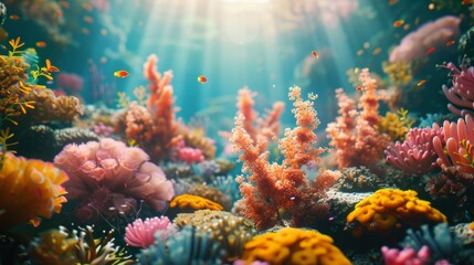 Colorful coral reef, Marine biologist, studying ecosystem conservation efforts in the tropics, undersea research laboratory, Sunny day, 3D render, Backlights, Depth of field bokeh effect - obrazy, fototapety, plakaty