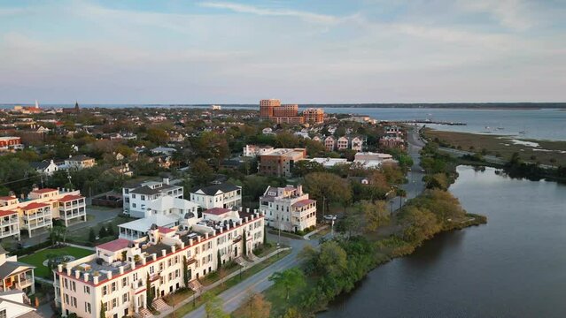 A drone shot showing waterfront property in downtown charleston south carolina.