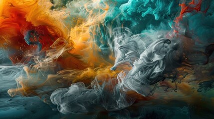 A colorful painting of smoke and fire with a blue and red swirl. The painting is abstract and has a dreamy, surreal feel to it - obrazy, fototapety, plakaty