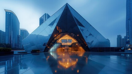 Diamond-shaped building, smart materials, night scene, smart materials, high-end, future architectural design. Generative AI.