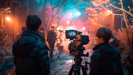 Film Crew Working on a Night Scene in an Urban Setting