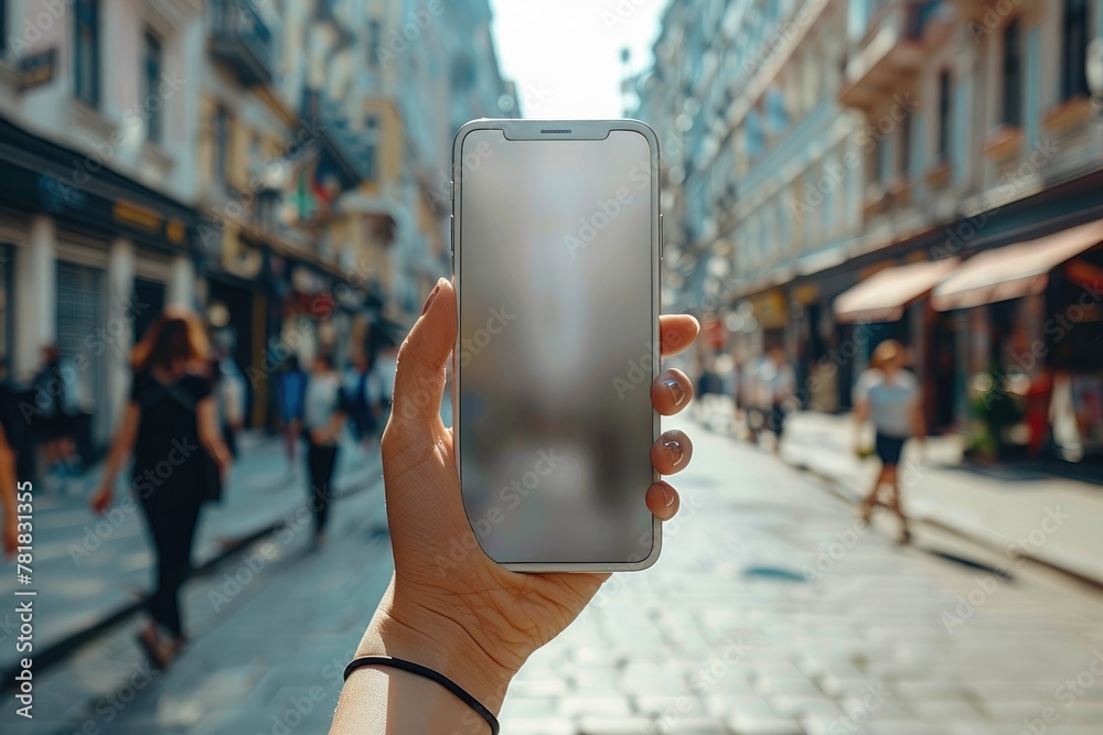 Poster Close up of a cell phone in the hand of a person on the street in the daytime in summer. Generative AI.