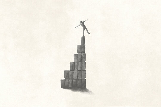 illustration of man on the top of stairs, success and risk concept