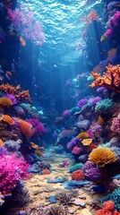 Naklejka na ściany i meble Coral Reefs, vibrant ecosystem, bustling with marine life, thriving thanks to conservation efforts, 3D render, underwater lighting, chromatic aberration