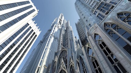 Design a Gothic-style skyscraper with pointed arches and flying buttresses, blending historic...