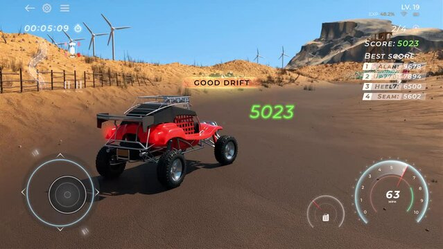 Using a buggy car on the sandy circuit in the speed racing simulator level. Gaining drifting points in the speed racing simulator. Winning the challenge in the mobile phone speed racing simulator.