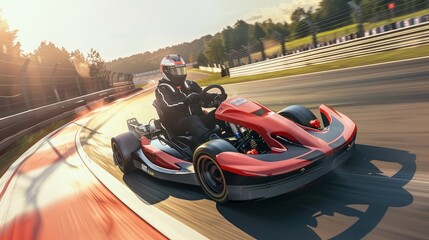 An electric go-kart zipping around a racetrack, with competitors vying for position and the sound of squealing tires echoing through the air. - obrazy, fototapety, plakaty