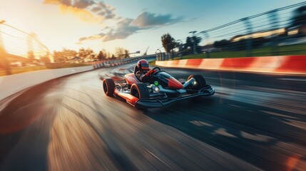 An electric go-kart zipping around a racetrack, with competitors vying for position and the sound of squealing tires echoing through the air. - obrazy, fototapety, plakaty