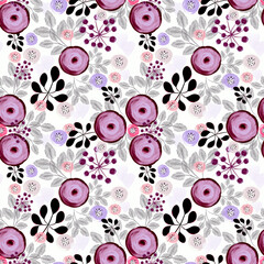 Seamless retro floral pattern. Pink, burgundy flowers on a light background. - 781832958