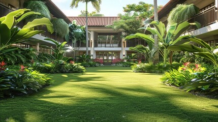 A large grassy courtyard, tropical plants on the edges. Generative AI.