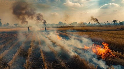 Stubble burning in the dry paddy field.