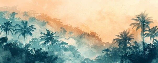 enchanting abstract background, showcasing tropical trees in soft muted tones.