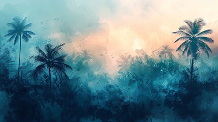 Inspire a sense of calm and relaxation with this serene abstract background, showcasing tropical trees in muted tones. - obrazy, fototapety, plakaty