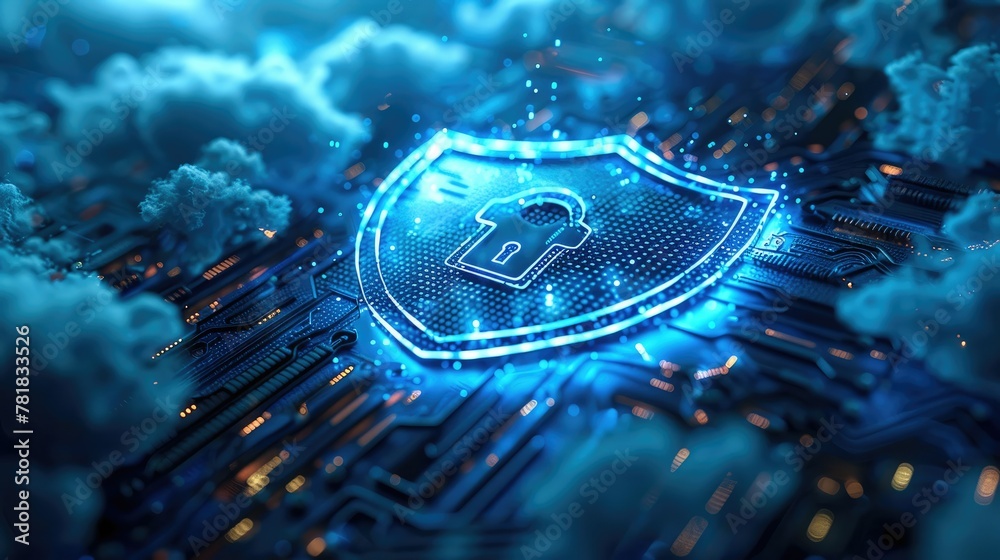 Aufkleber a depiction of a cybersecurity shield on a cloud server, representing defense against cyber threats,