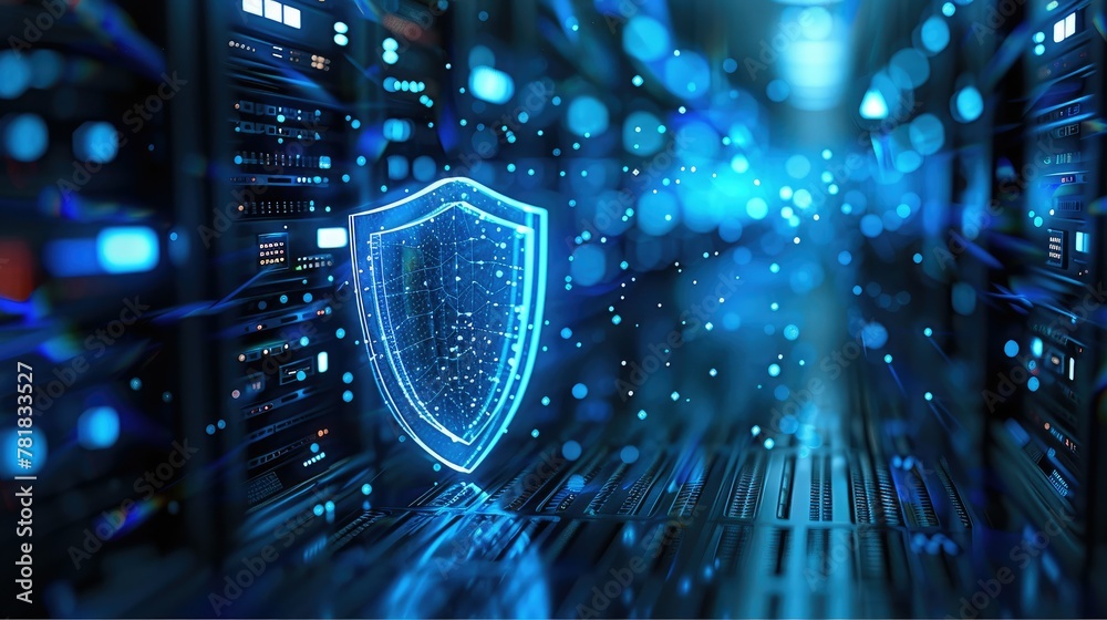 Aufkleber a depiction of a cybersecurity shield on a cloud server, representing defense against cyber threats,
