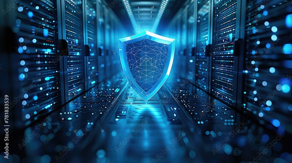 Aufkleber a depiction of a cybersecurity shield on a cloud server, representing defense against cyber threats,