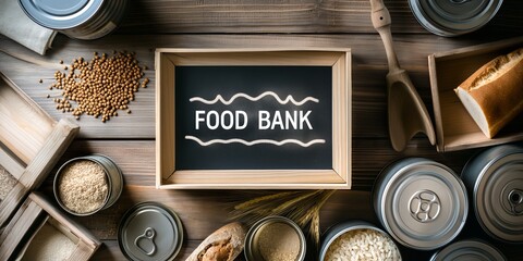 Food Bank Sign surrounded by donated food items - obrazy, fototapety, plakaty