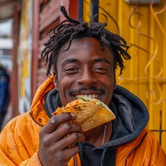 Afro american guy smiling at camera while eating a mexican taco