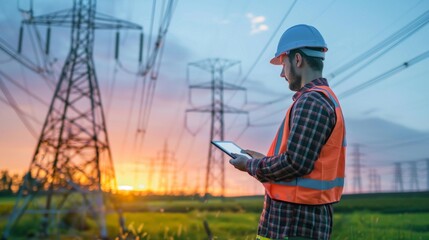 Engineer monitoring electrical infrastructure with a tablet outdoors surrounded by electrical towers