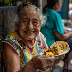 Old woman smiling at the camera while eating a Mexican taco in the street