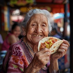 A smiling elderly mexican woman is enjoying a taco outdoors.