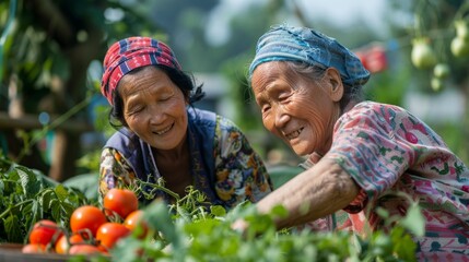 Two old women are smiling and working together in a garden picking up organic tomatoes.