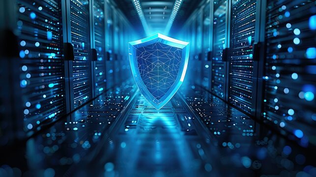 A depiction of a cybersecurity shield on a cloud server, representing defense against cyber threats, in a secure and reliable blue tone. Generative AI.