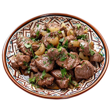Front view of Sawda Djej with Lebanese chicken liver dish, featuring pan-seared chicken livers cooked with onions, garlic, and spices, isolated on a white transparent background