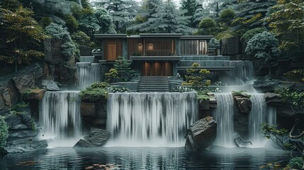 A beautiful 2-story concrete house set at the top of a high waterfall. Generative AI.
