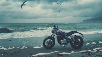An electric motorcycle parked on a deserted stretch of beach, with waves crashing against the shore...