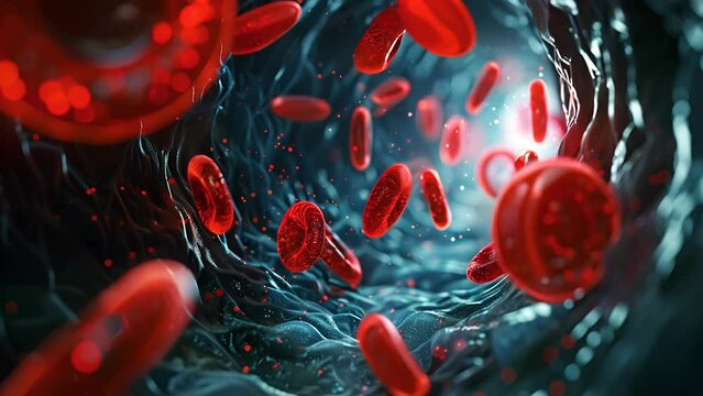 video ai of a representation of the inside of a vein or artery, A close-up of red blood cells on a blue background. Concept of life and vitality, as red blood cells are the life force of the body.