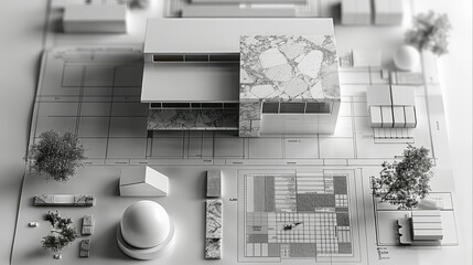 An minimalist architectural blueprint with few of material samples in grey tones, minimalist. Generative AI.