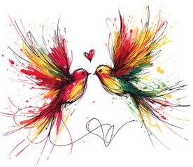 Obraz premium Adobe Illustrator Artwork a colorful drawing line art of two love birds flying towards each other, water color splashes love and freedom vector illustration