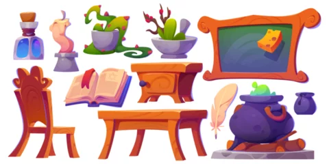 Foto op Plexiglas Wizard magic school room with witch book, potion cartoon vector set. Fairy tale classroom interior for medieval alchemist magician desk. Desk, chair, candle and cauldron for spell and wizardry craft © klyaksun
