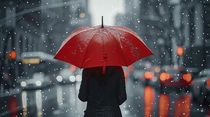 Back view of a person walking with a red umbrella on a street. Generative AI.