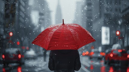 Back view of a person walking with a red umbrella on a street. Generative AI.