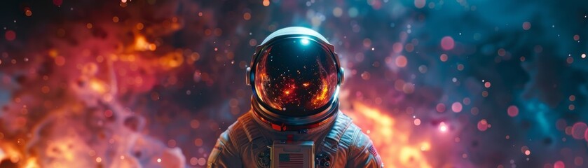 Cosmic Explorer, Spacesuit, futuristic astronaut, Collecting digital artifacts of past eras in distant galaxies, Nebulous, 3D rendering, Backlights, Chromatic Aberration - obrazy, fototapety, plakaty