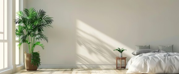 Modern interior design of bedroom in vogue with plant and copyspace in horizontal arrangement. 3D...
